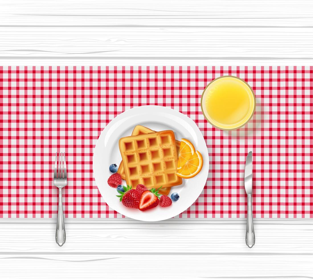 Breakfast menu with waffles and berries on wooden table vector