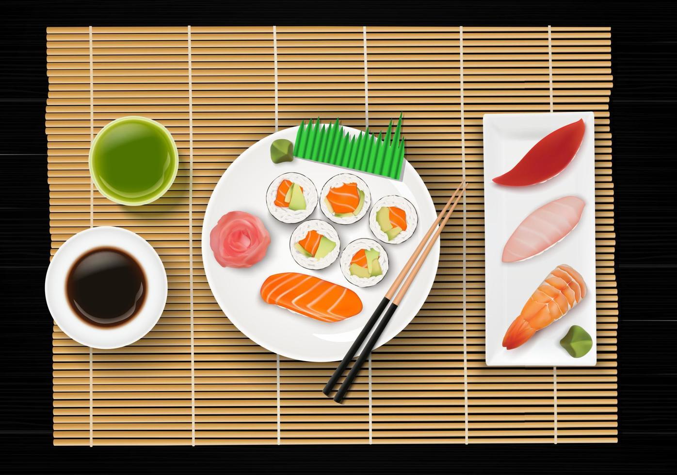 Sushi, Japanese food on wooden table background vector