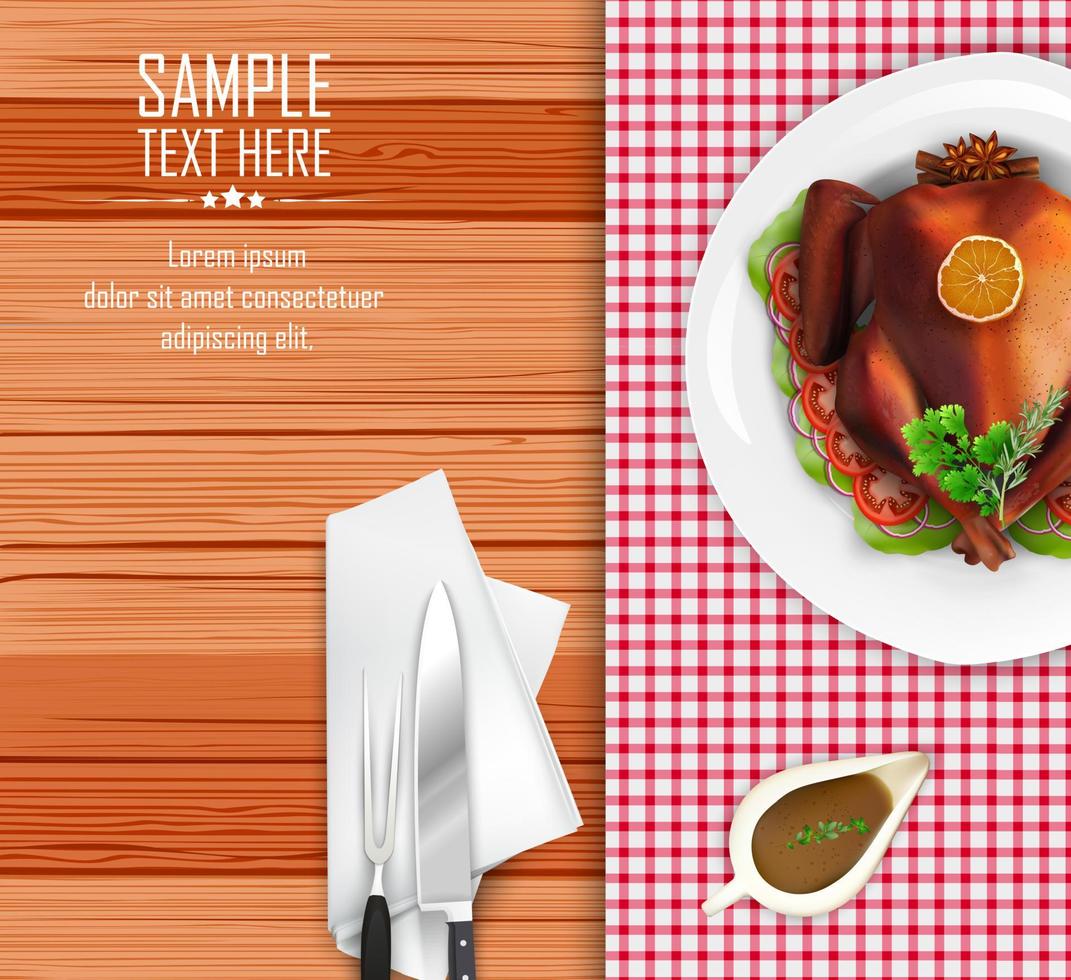 Roasted turkey bird on white plate with fork and knife on wooden table vector