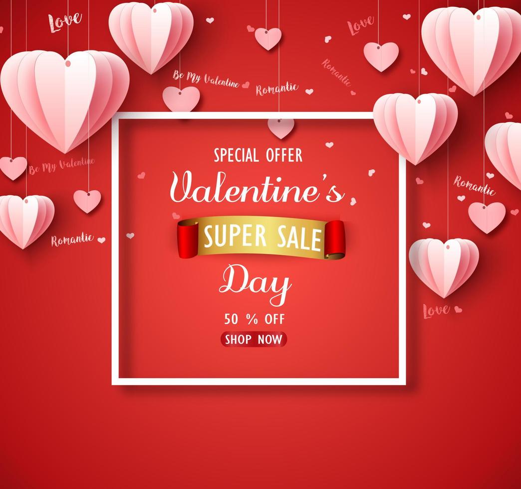 Valentines day sale background with pink folded paper heart shape balloon on red backdrop vector