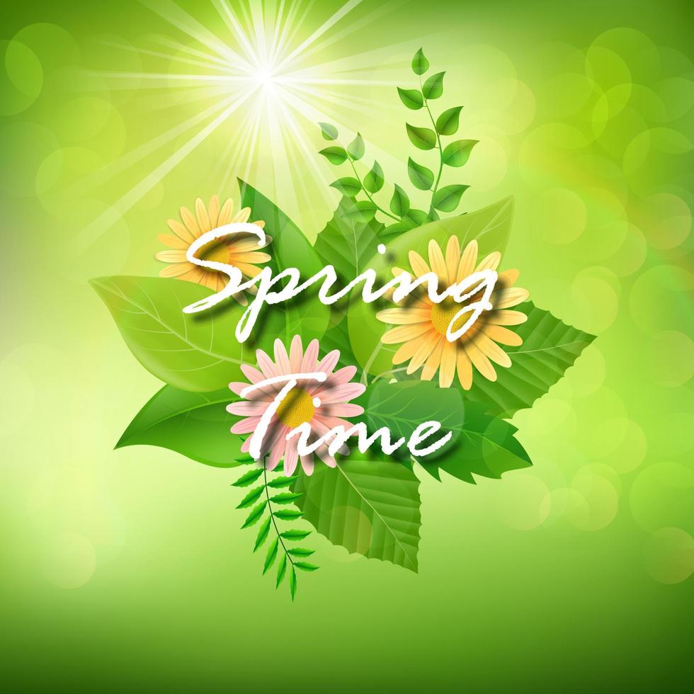 Spring background with colorful flowers and green leaves vector