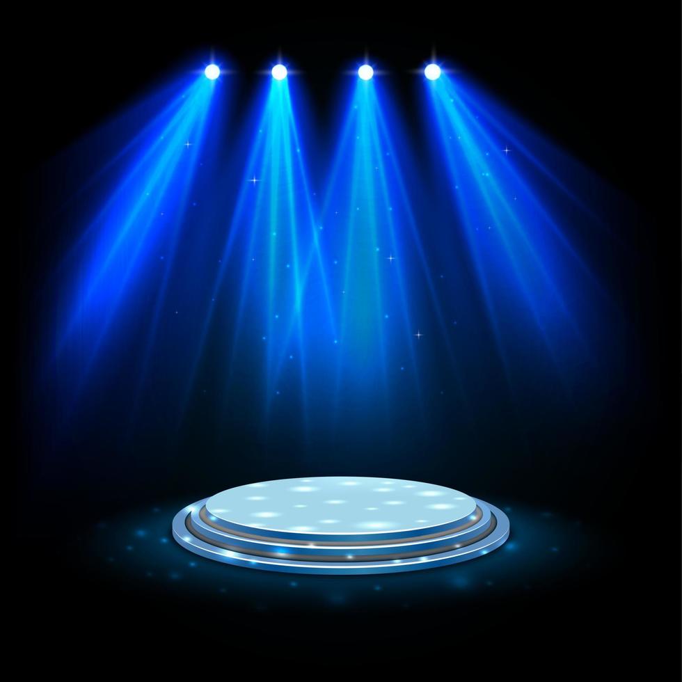 Blue spotlights with white podium on dark background vector