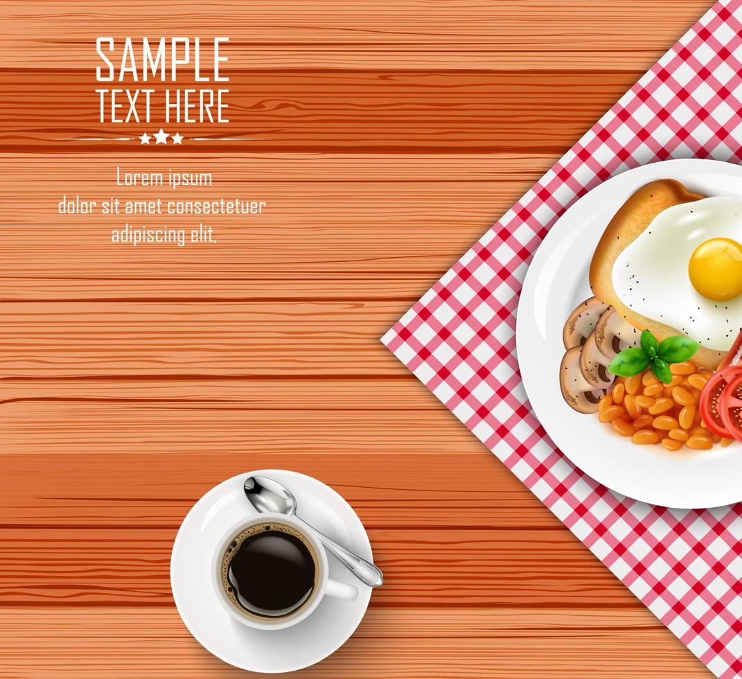 Breakfast menu with fried egg and cup of black coffee on wooden table vector