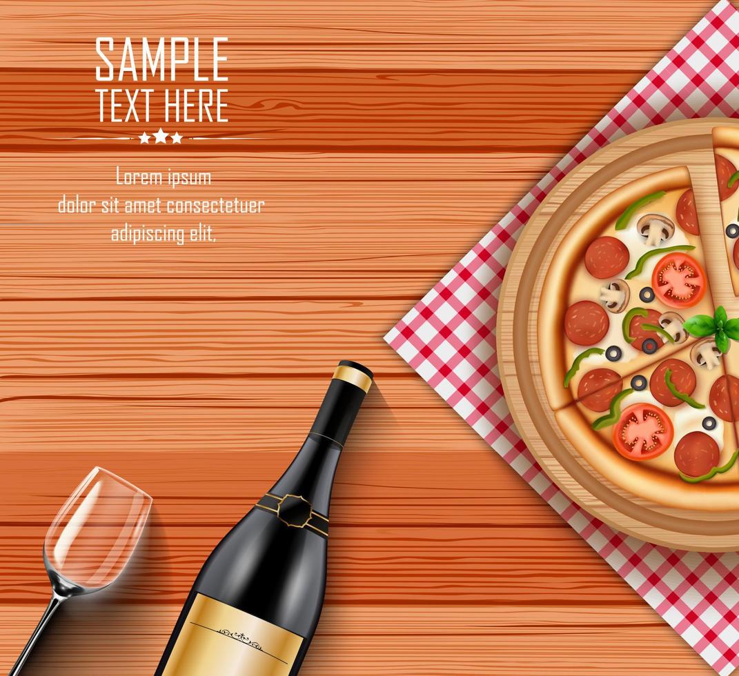 Pizza with bottle of wine and a glass on wooden table vector