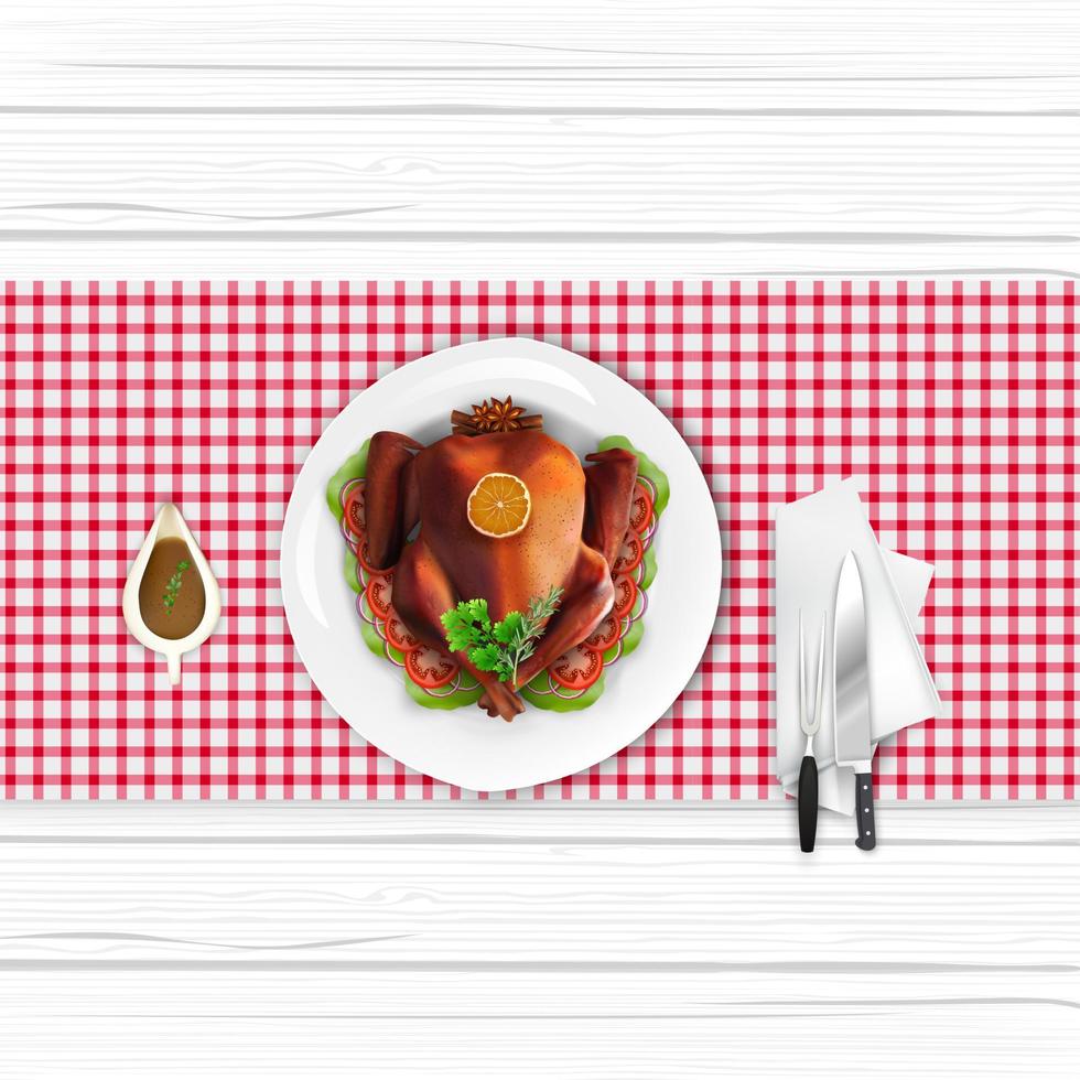 Roasted turkey bird on white plate with fork and knife on white wooden table vector