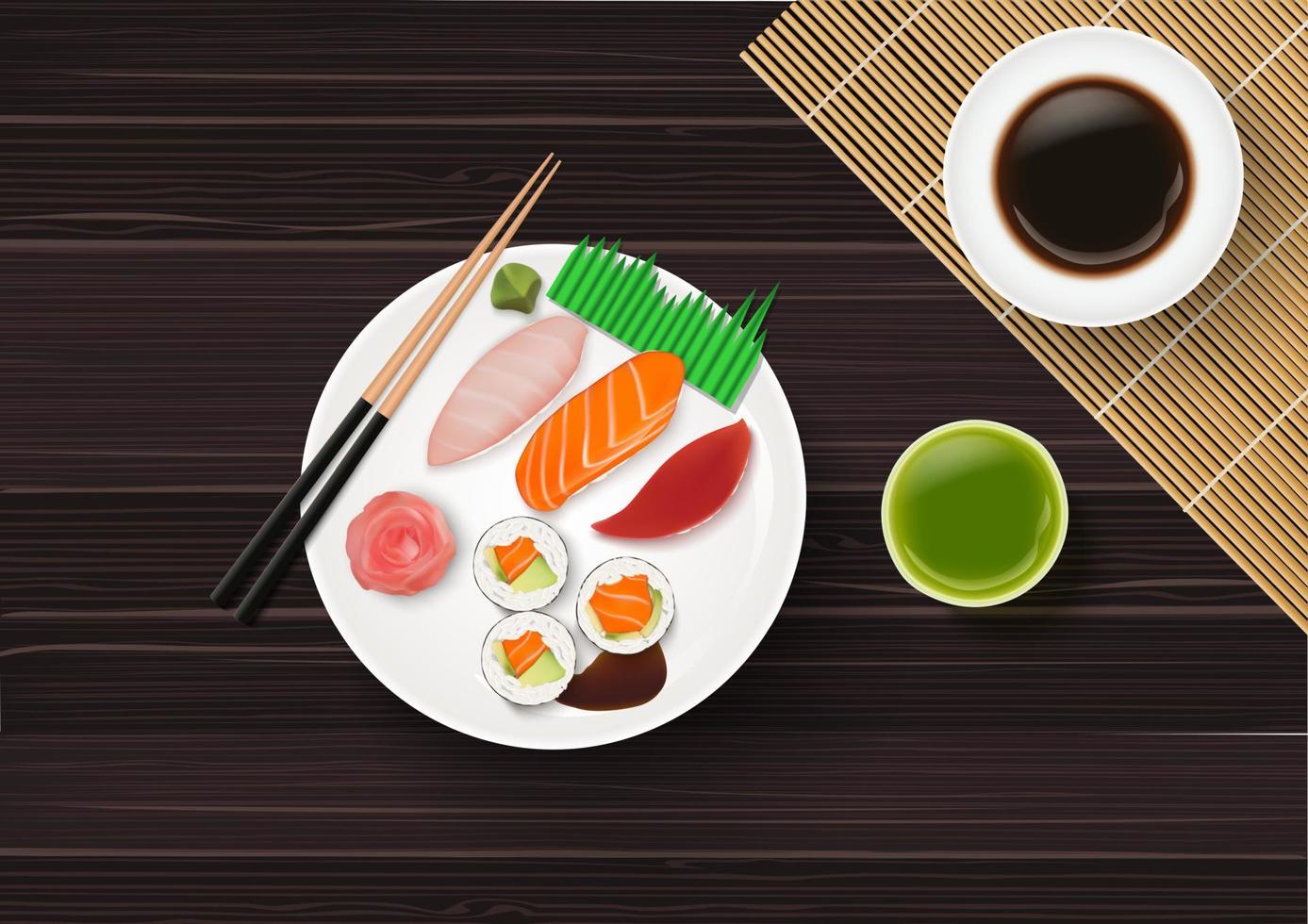 Sushi, Japanese food on wooden table background vector