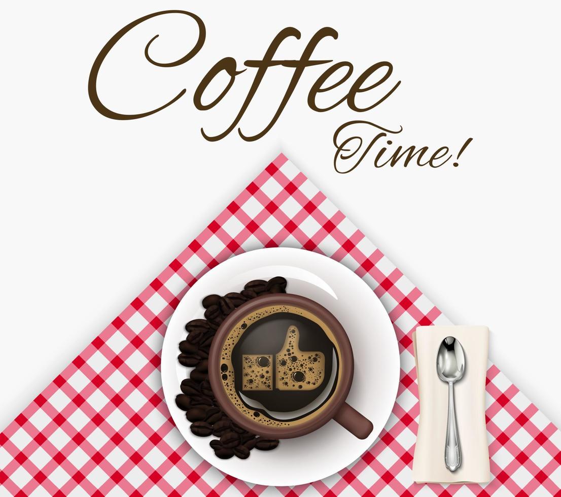 Cup of coffee with coffee beans and spoon on a tablecloth background vector