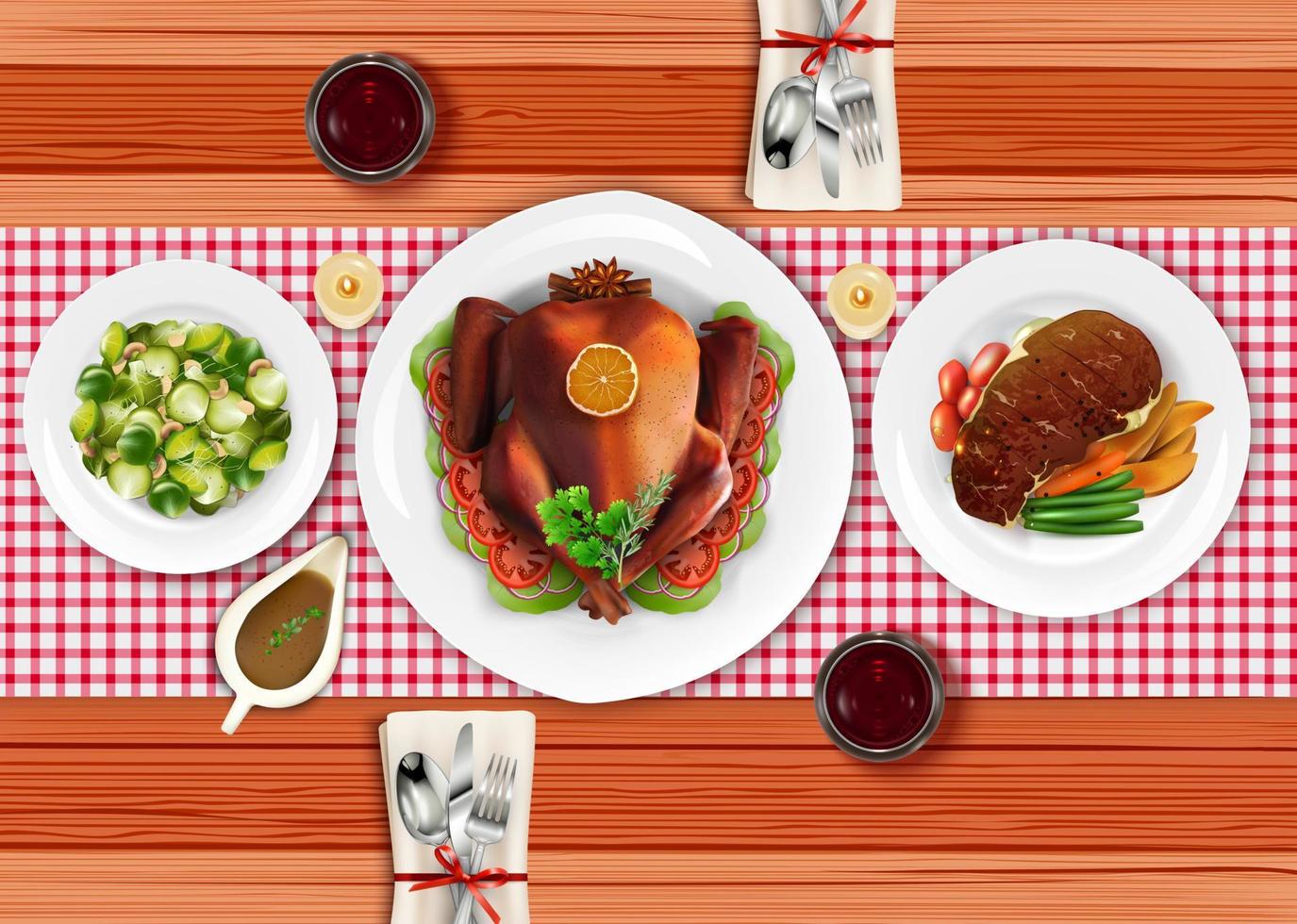 Vista superior de la mesa de comedor con pavo asado y bistec de carne en una mesa de madera blanca vector