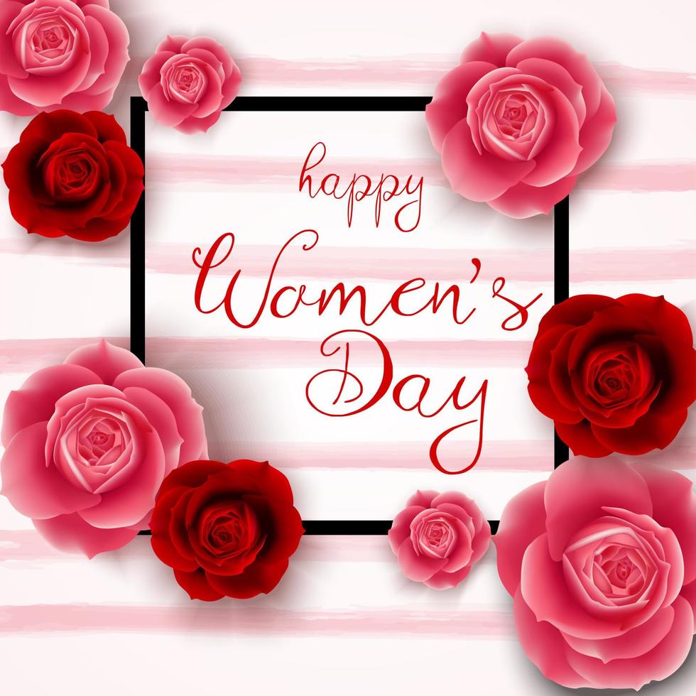 8 March. Abstract red floral greeting card. International happy women's day with square on pink background vector