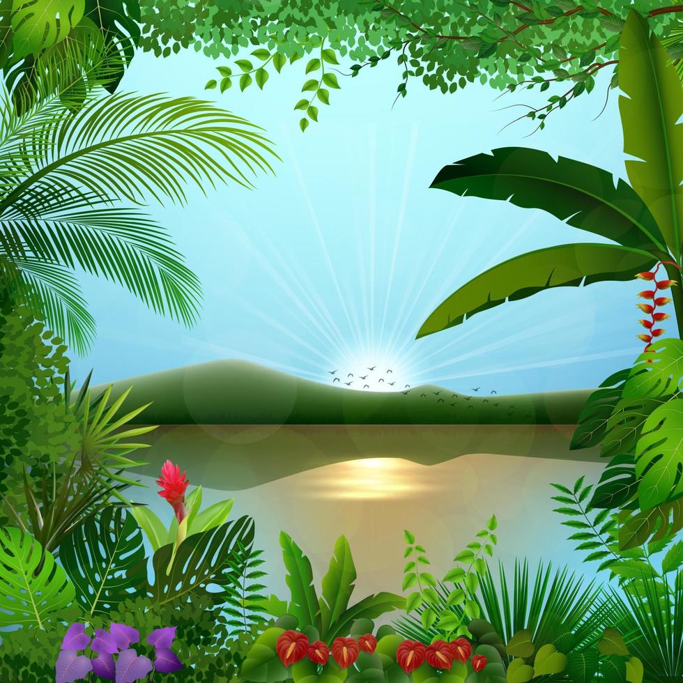 paisaje de selva tropical con río y montañas vector