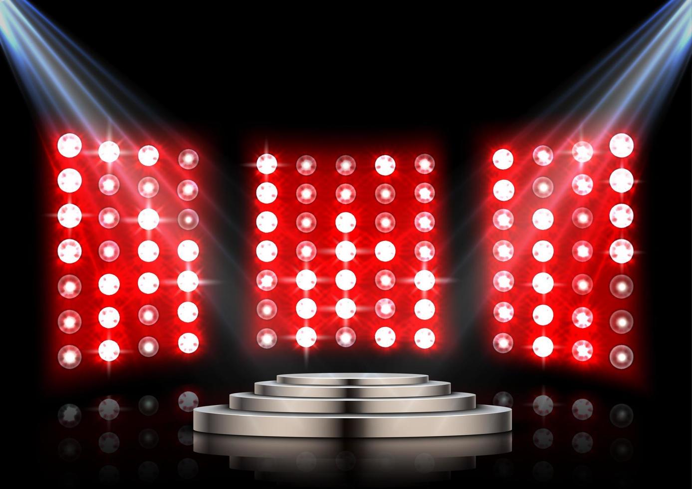 Stage podium with spotlights and red stagelight background vector