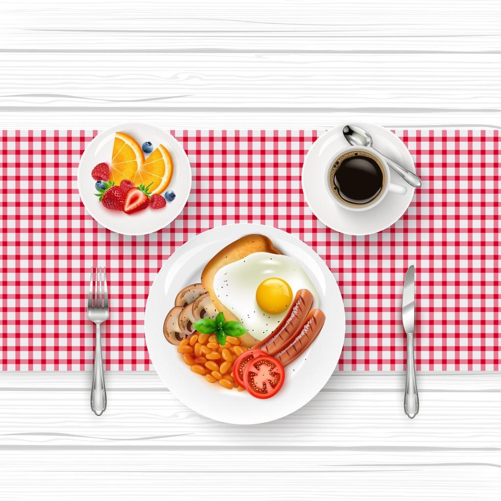 menú de desayuno con huevo frito, frutas y una taza de café negro sobre una mesa de madera vector