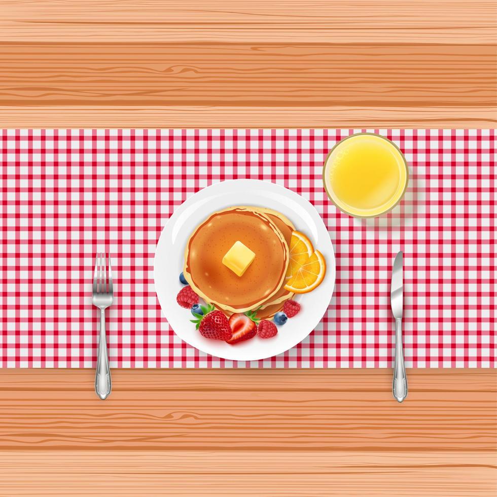 menú de desayuno con panqueques y bayas en la mesa de madera vector