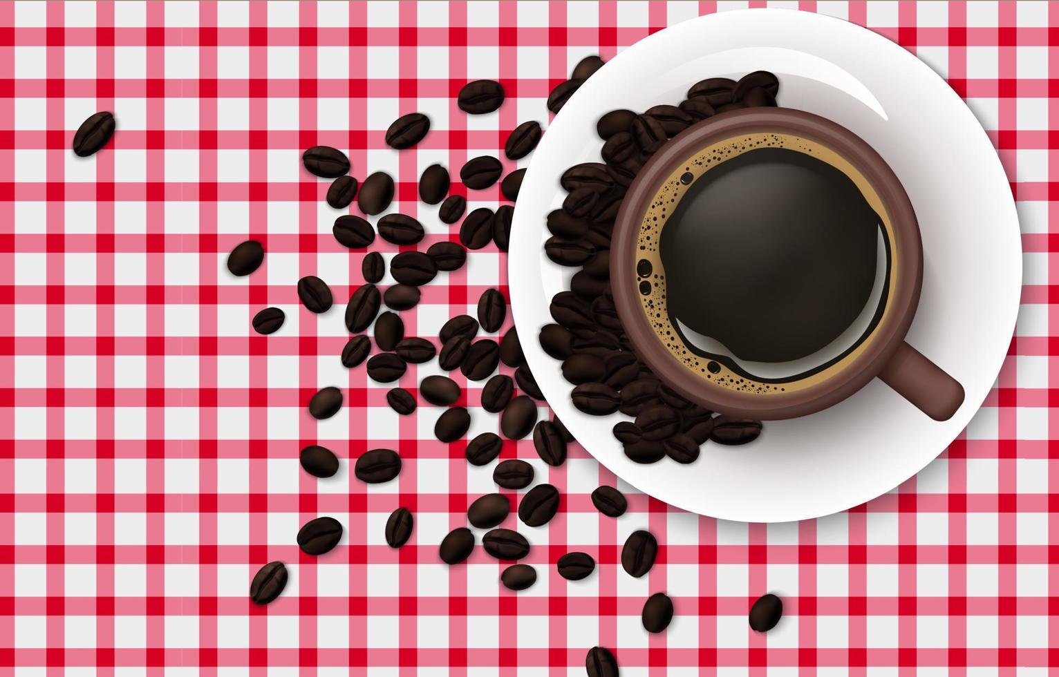 Cup of coffee with coffee beans on a tablecloth background vector
