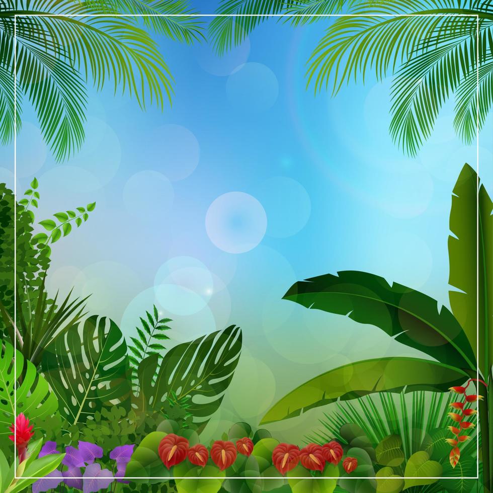fondo de selva tropical con palmeras y hojas vector