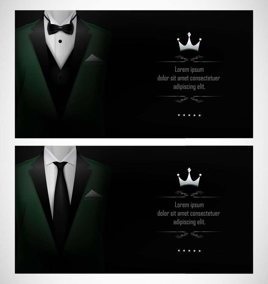 conjunto de plantillas de tarjetas de visita de esmoquin verde con trajes de hombre y corbata negra vector