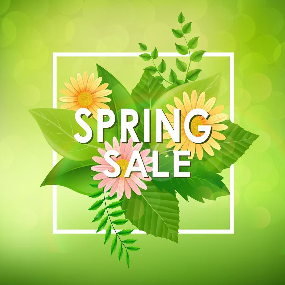 banner de fondo de venta de primavera con hermosas flores de colores y hojas verdes vector