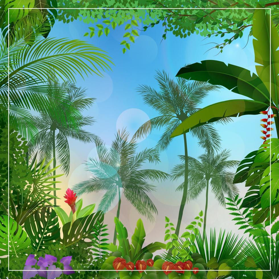 Tropical morning landscape with palm trees and leaves vector