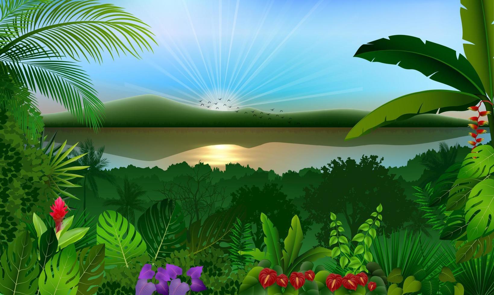 Tropical jungle landscape with river and mountains vector