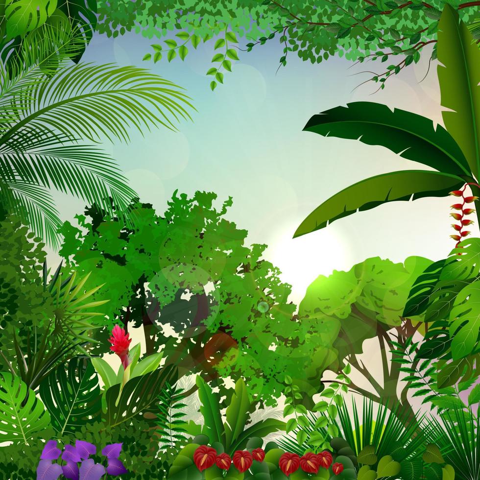 paisaje matutino tropical con palmeras y hojas vector