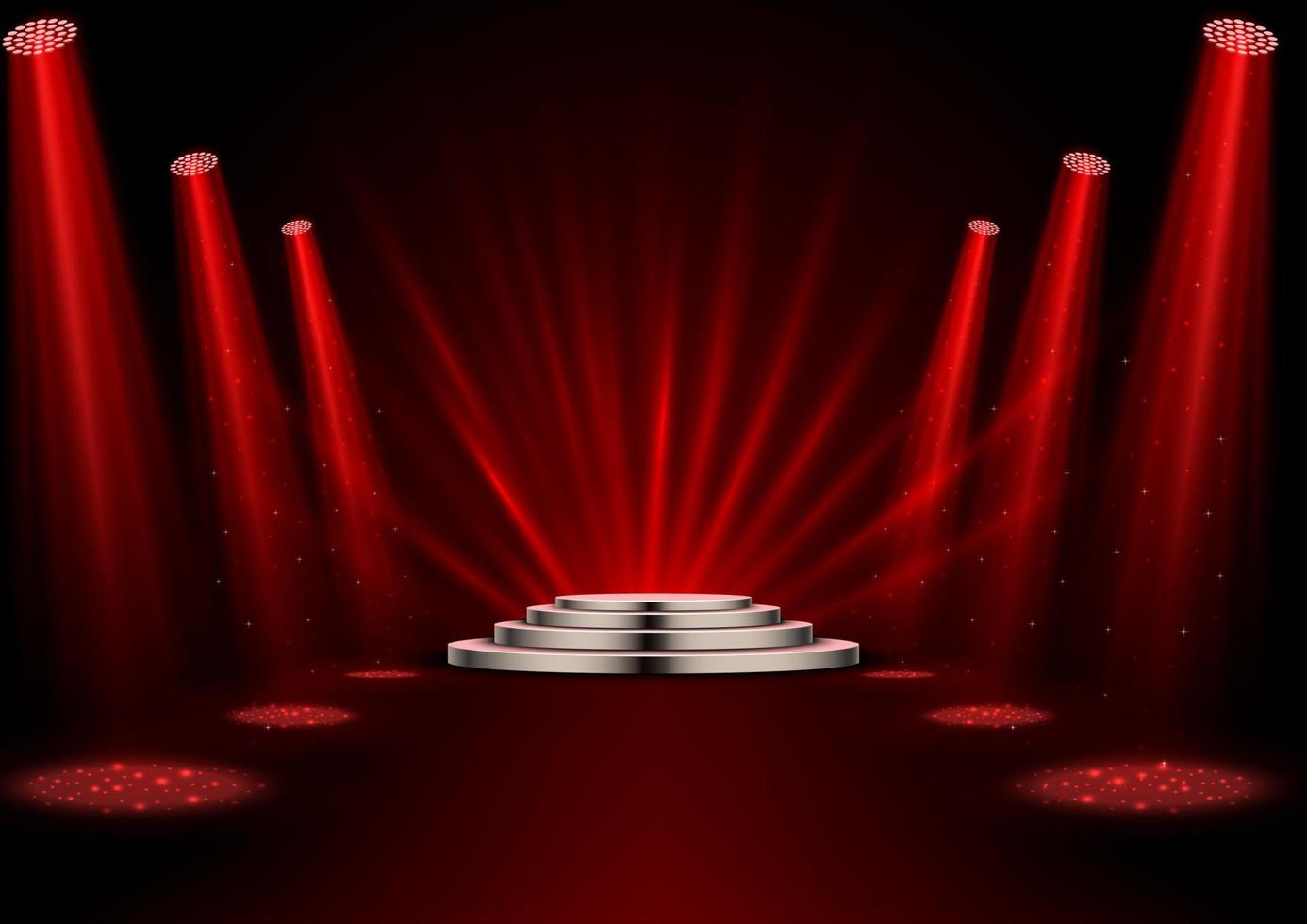 Red spotlights with white podium on dark background vector