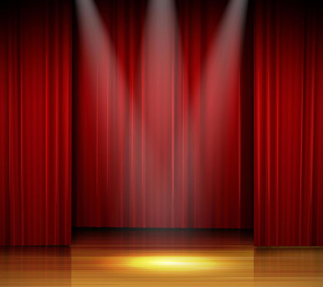 Empty stage with red curtain and spotlight on wooden floor vector