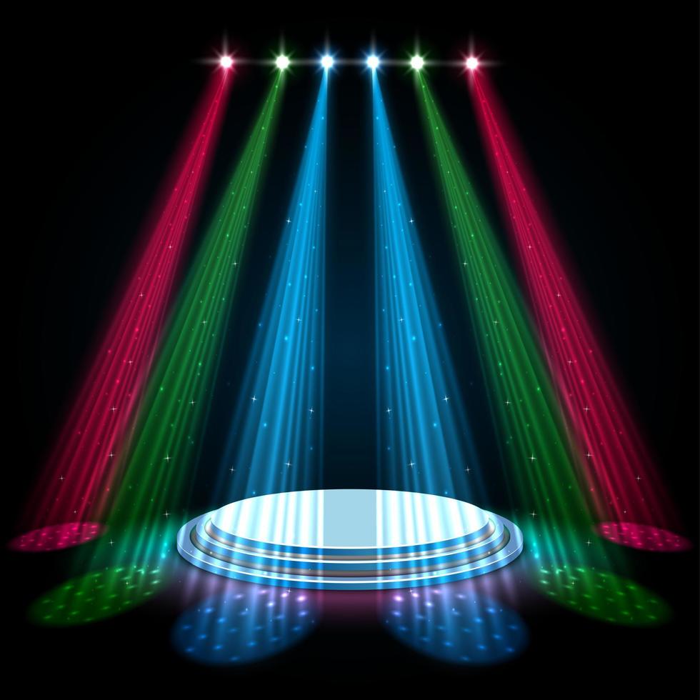 Colorful glow spotlights with white podium on dark background vector