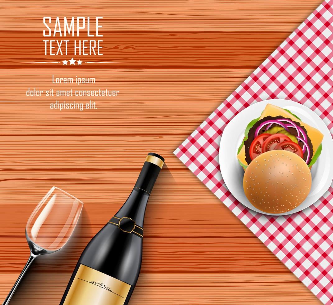Fast food with bottle of wine and a glass on wooden table vector