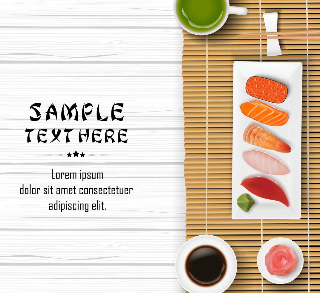 Sushi, Japanese food on wooden table background vector