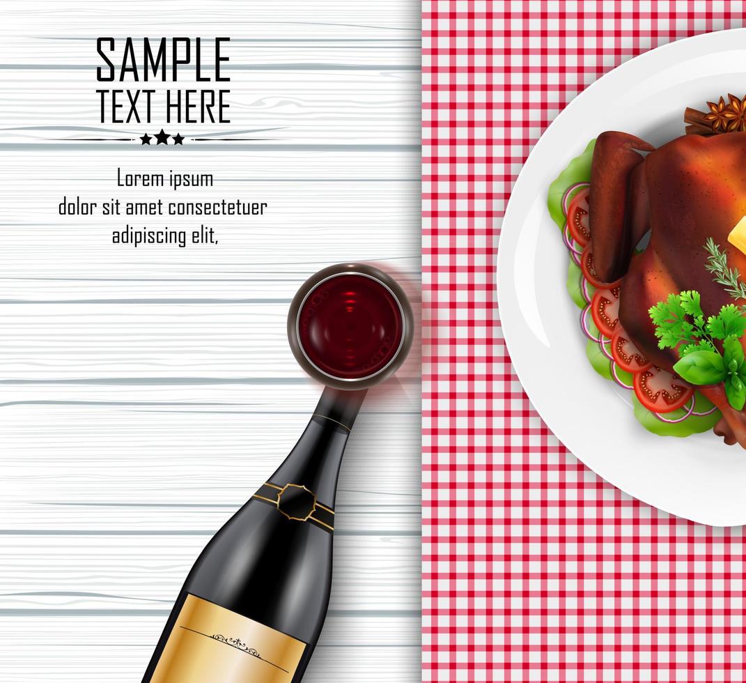 Roasted turkey bird on white plate with bottle of wine and a glass vector