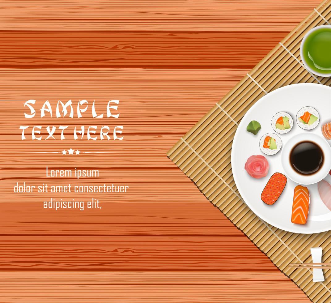 Sushi, Japanese food on wooden table background vector