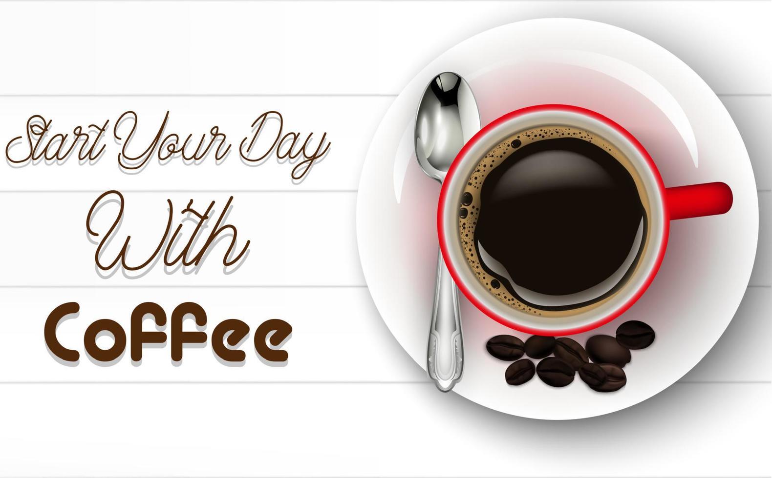 Red cup of coffee with spoon and coffee beans on white wooden background vector