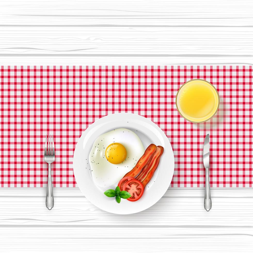 Breakfast menu with a fried egg and bacon on wooden table vector