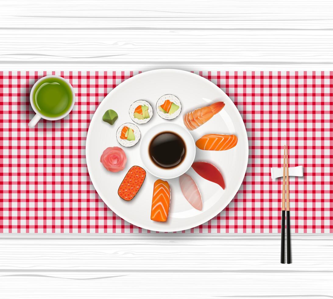 sushi, comida japonesa sobre fondo de mesa de madera vector