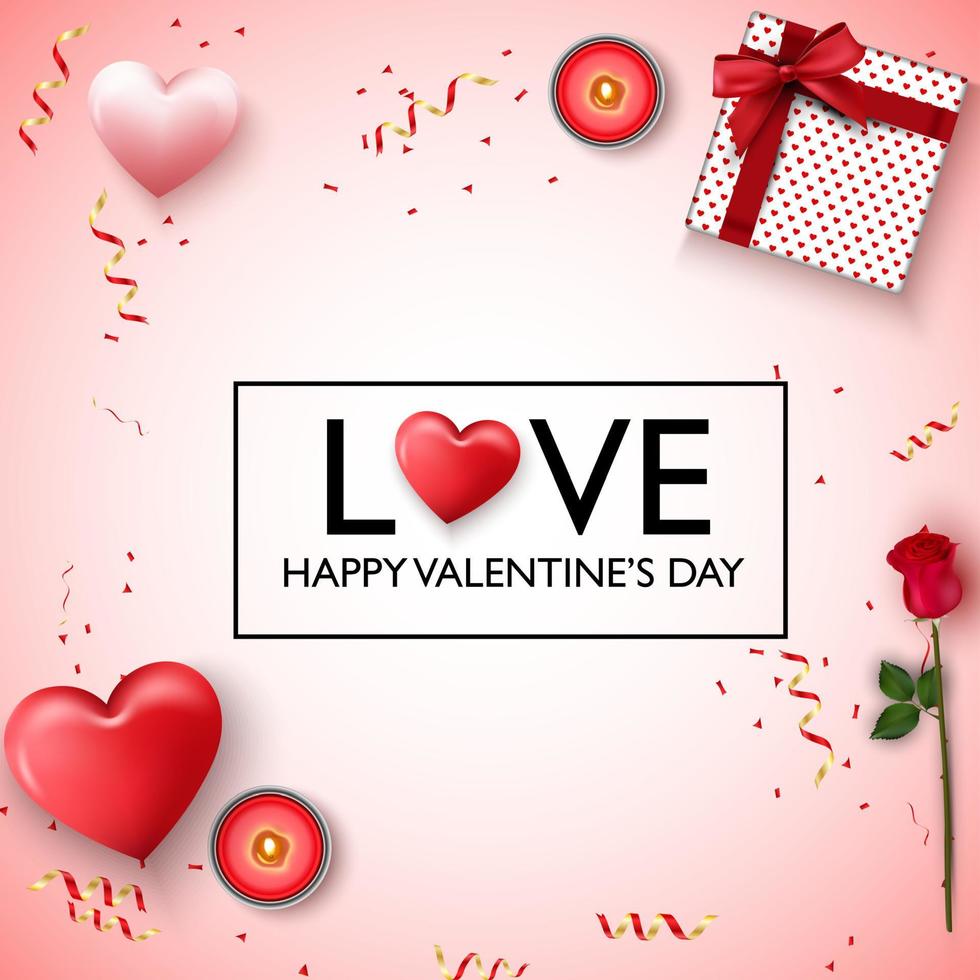 Happy valentines day background. Red pink hearts, candles, rose flower, present, red gold confetti and ribbon vector