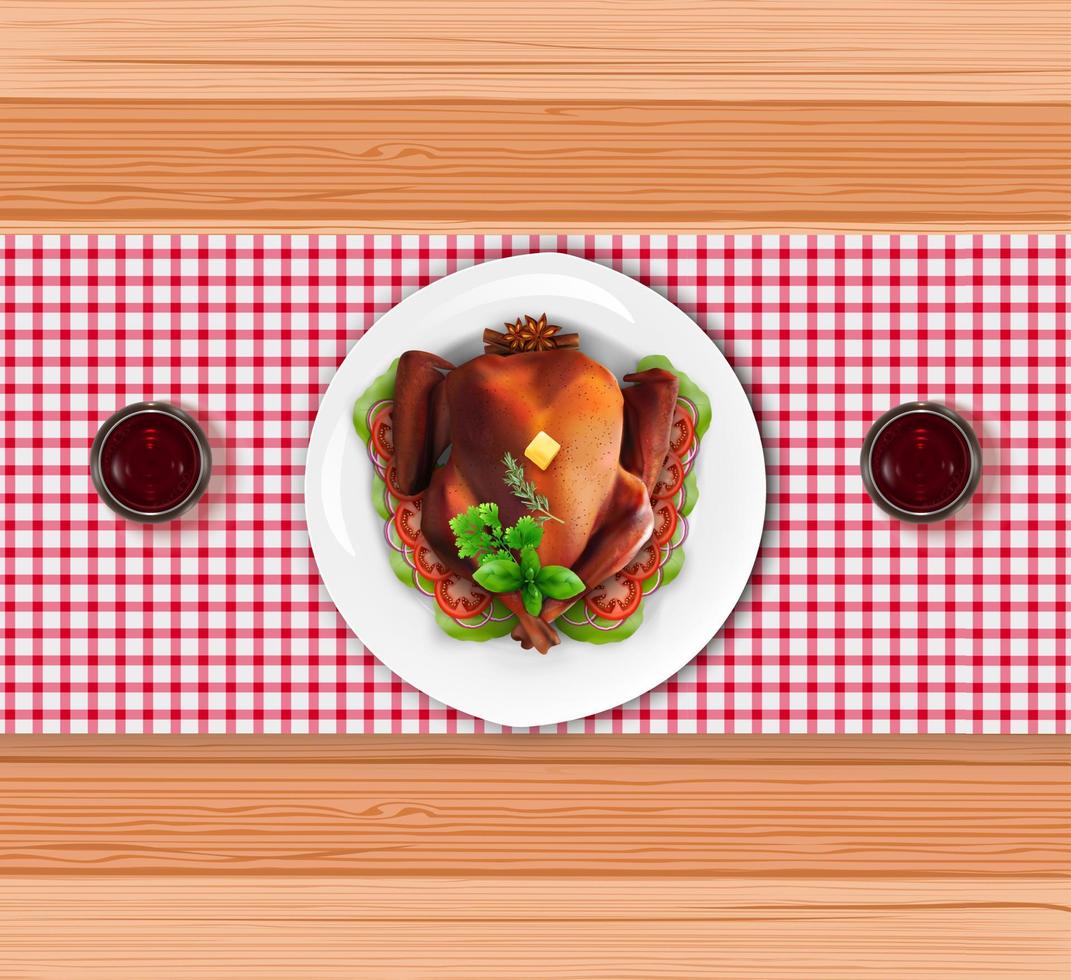 Roasted turkey bird on white plate with fork and knife on wooden table vector