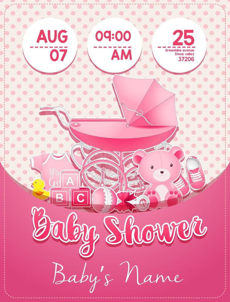 Baby shower girl invitation template with toys vector