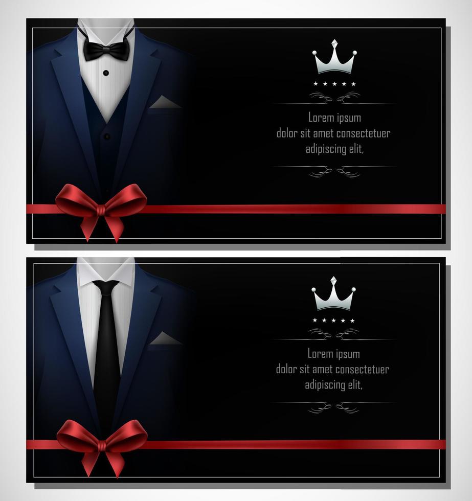 Set of blue tuxedo business card templates with men's suits and place for text vector