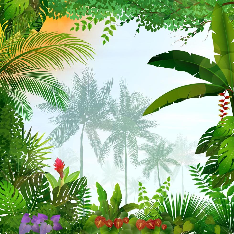 Tropical landscape with palm trees and leaves vector