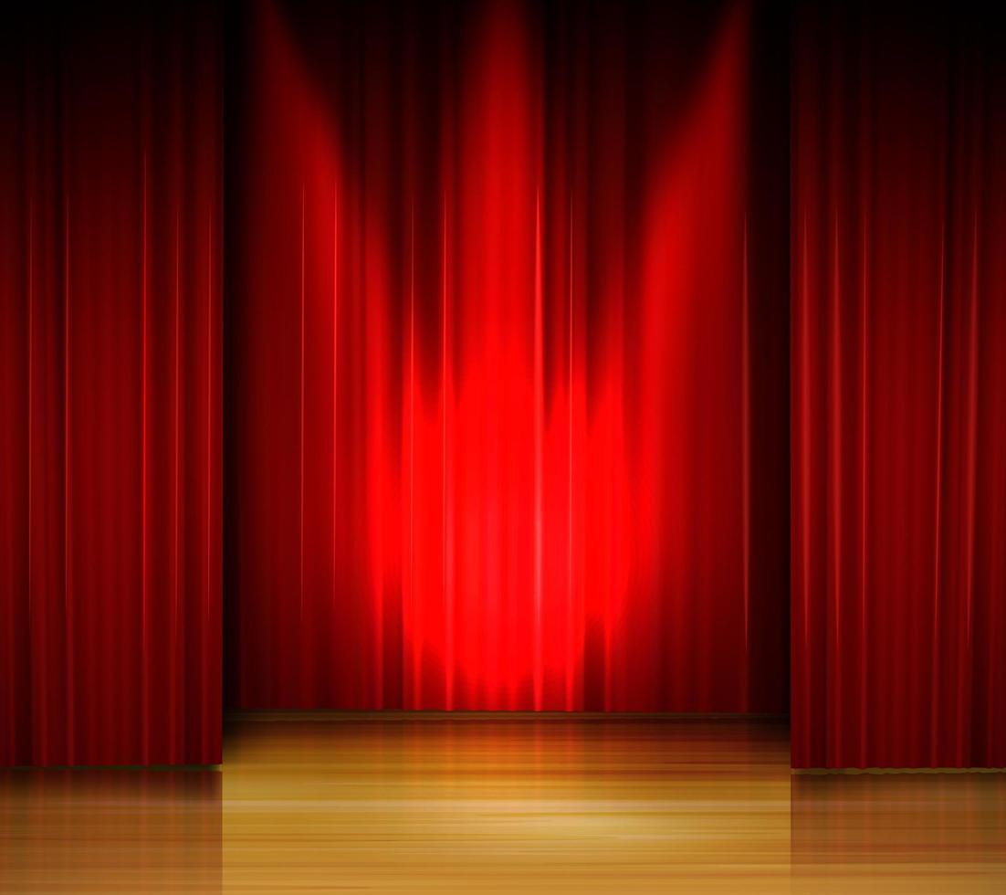 Empty stage with red curtain and spotlight on wooden floor vector