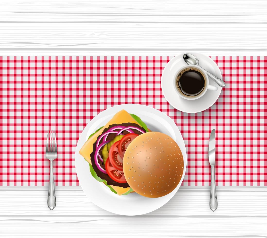 Hamburger with tableware and cup of black coffee on wooden table vector