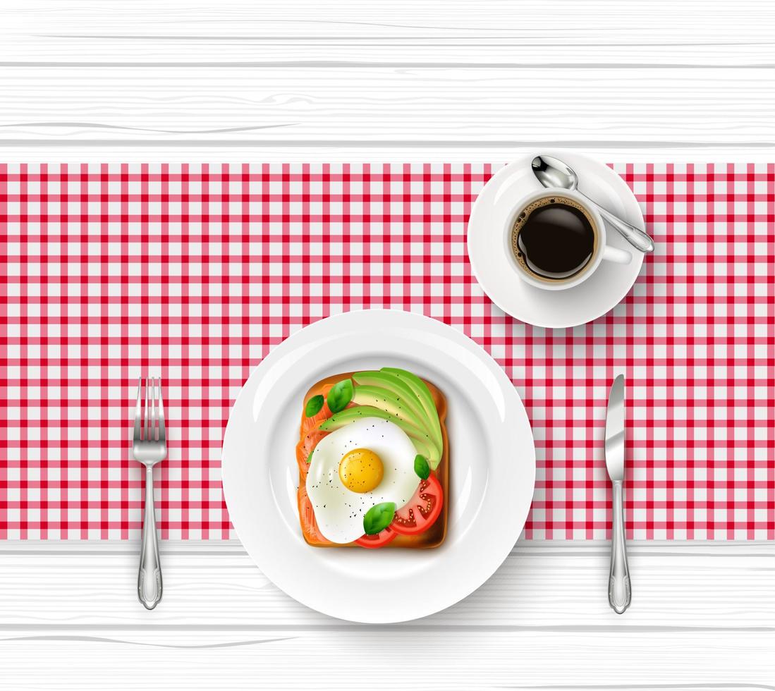 menú de desayuno con huevo frito, tostadas y taza de café negro sobre mesa de madera vector