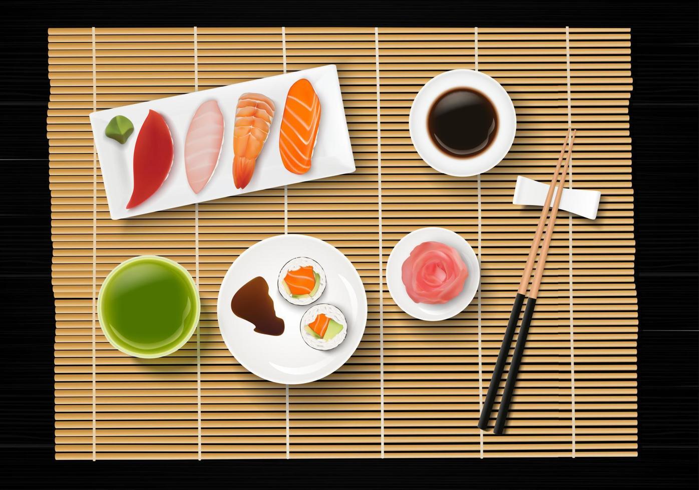 Sushi, Japanese food on wooden table background vector