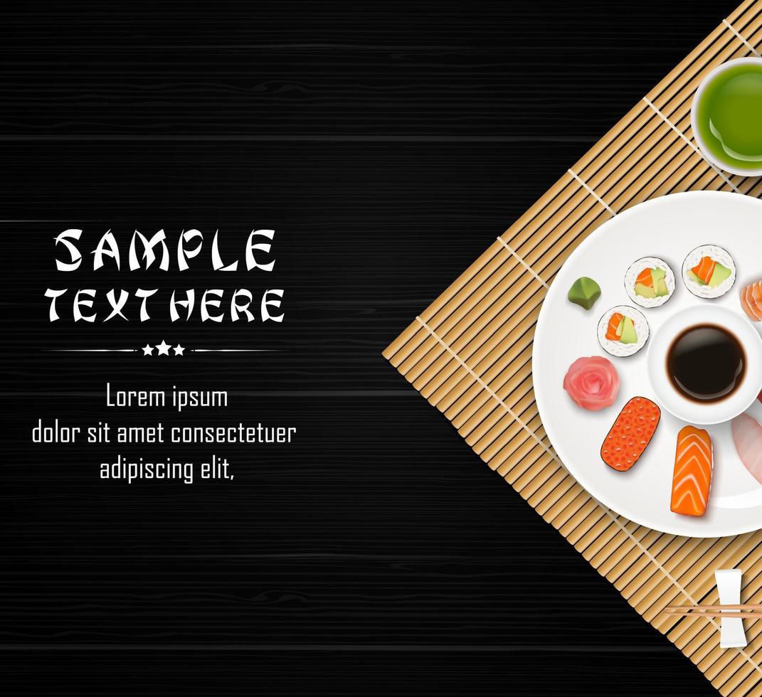 sushi, comida japonesa sobre fondo de mesa de madera oscura vector