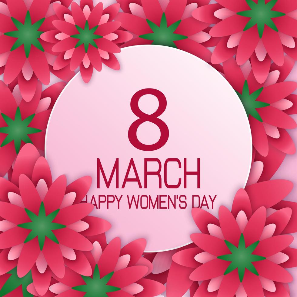 feliz día internacional de la mujer 8 de marzo tarjeta de felicitación floral con pancarta redonda vector