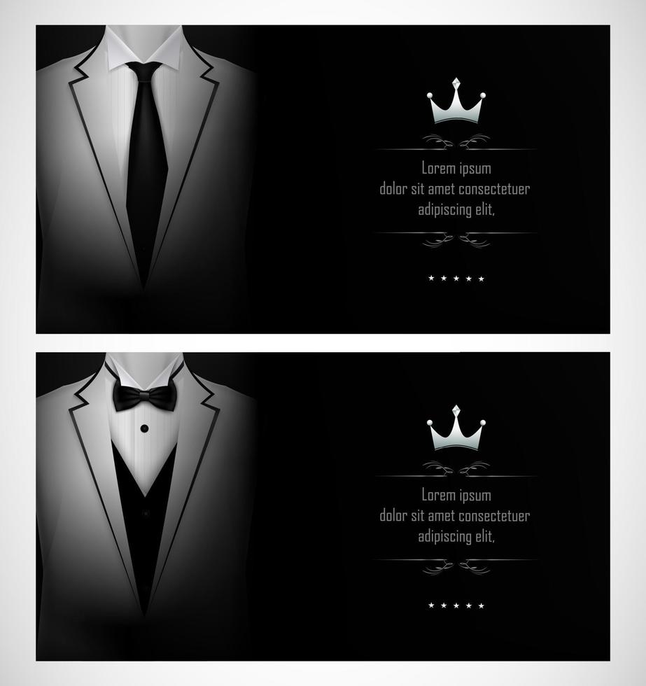 Set of white tuxedo business card templates with men's suits and black tie vector