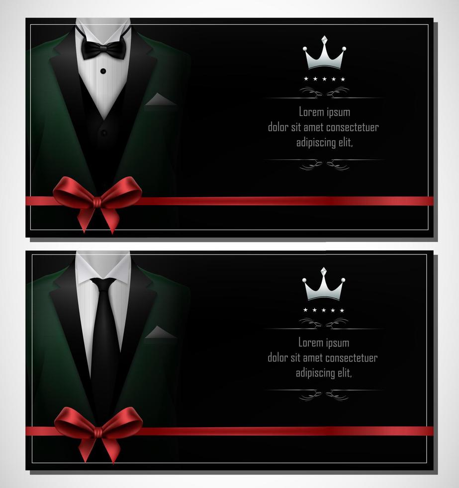 Set of green tuxedo business card templates with men's suits and black tie vector