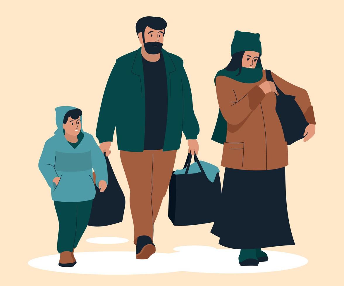 Family with a child and things. Refugees. Pregnant woman. Travel. Vector image.