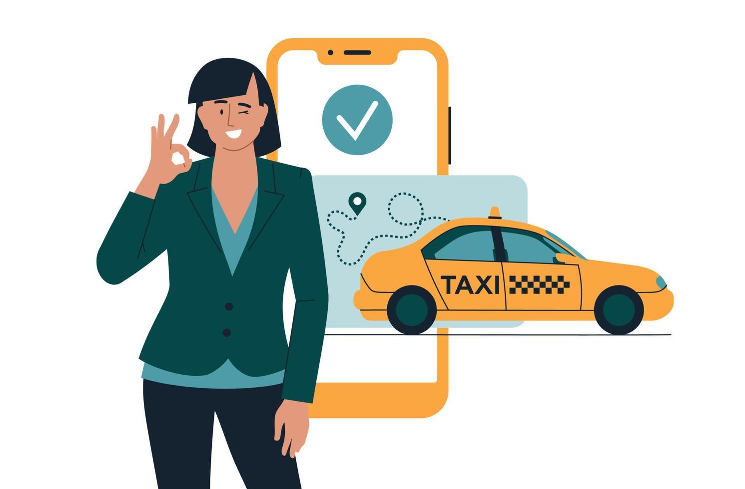taxi. coche amarillo y teléfono móvil. una mujer con chaqueta muestra un gesto de clase con la mano. concepto. imagen vectorial vector
