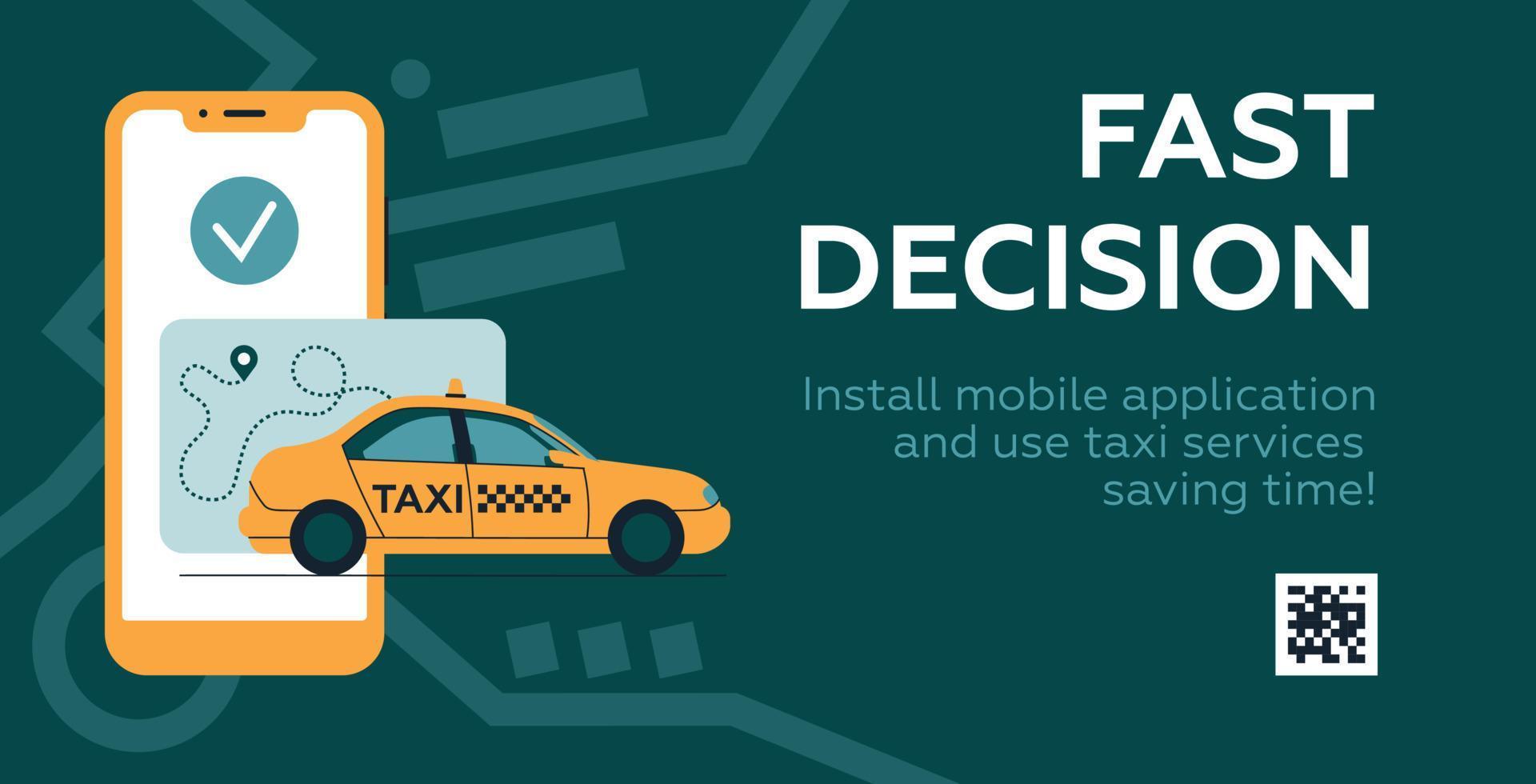 Taxi. Yellow car and mobile phone.The concept of an advertising booklet. Vector image.